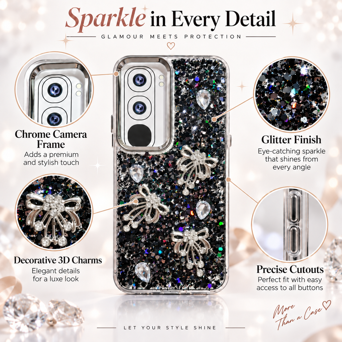 Vivo Y21d black glitter back cover with rhinestone-style bow charms, stone-style accents and camera frame details