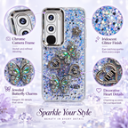 Vivo Y21d blue glitter back cover infographic showing jewelled butterfly charms, heart details and raised camera frame