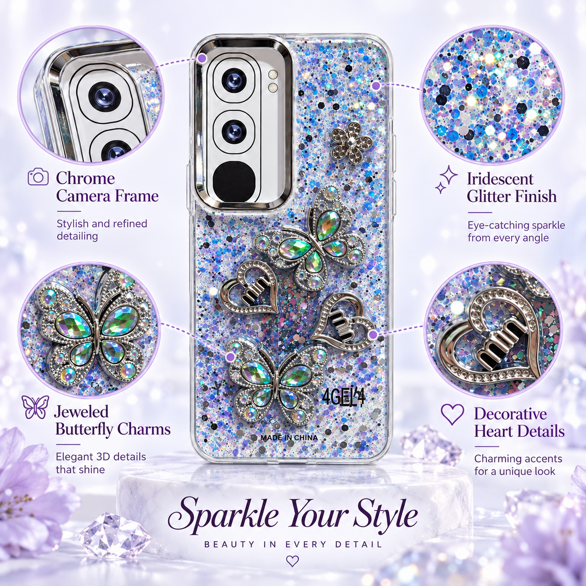Vivo Y21d blue glitter back cover infographic showing jewelled butterfly charms, heart details and raised camera frame