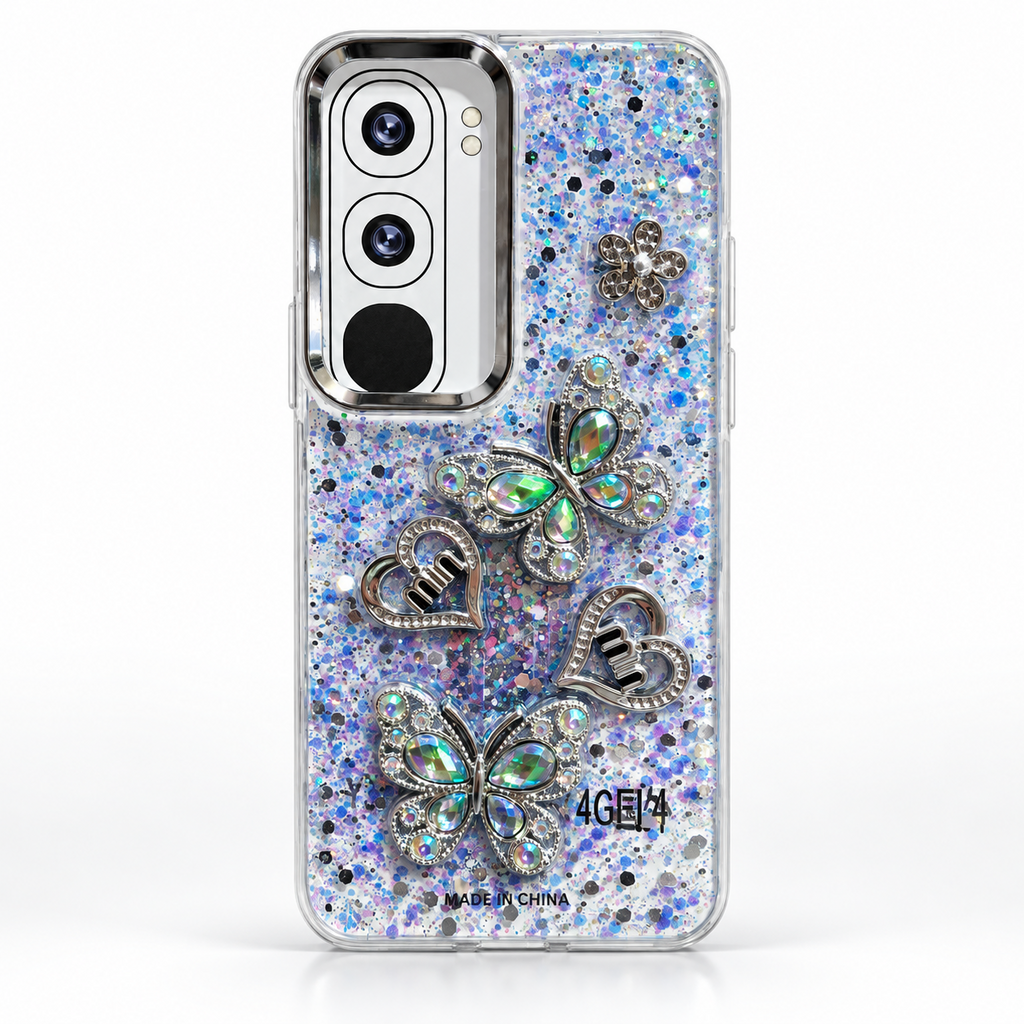 Vivo Y21d blue iridescent glitter back cover with jewelled butterfly, heart and flower-style decorations, rear studio view