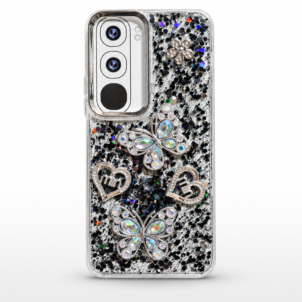 fancy black glitter and 3d butterflies and love heart cover for vivo y21d for girls, tpu material 