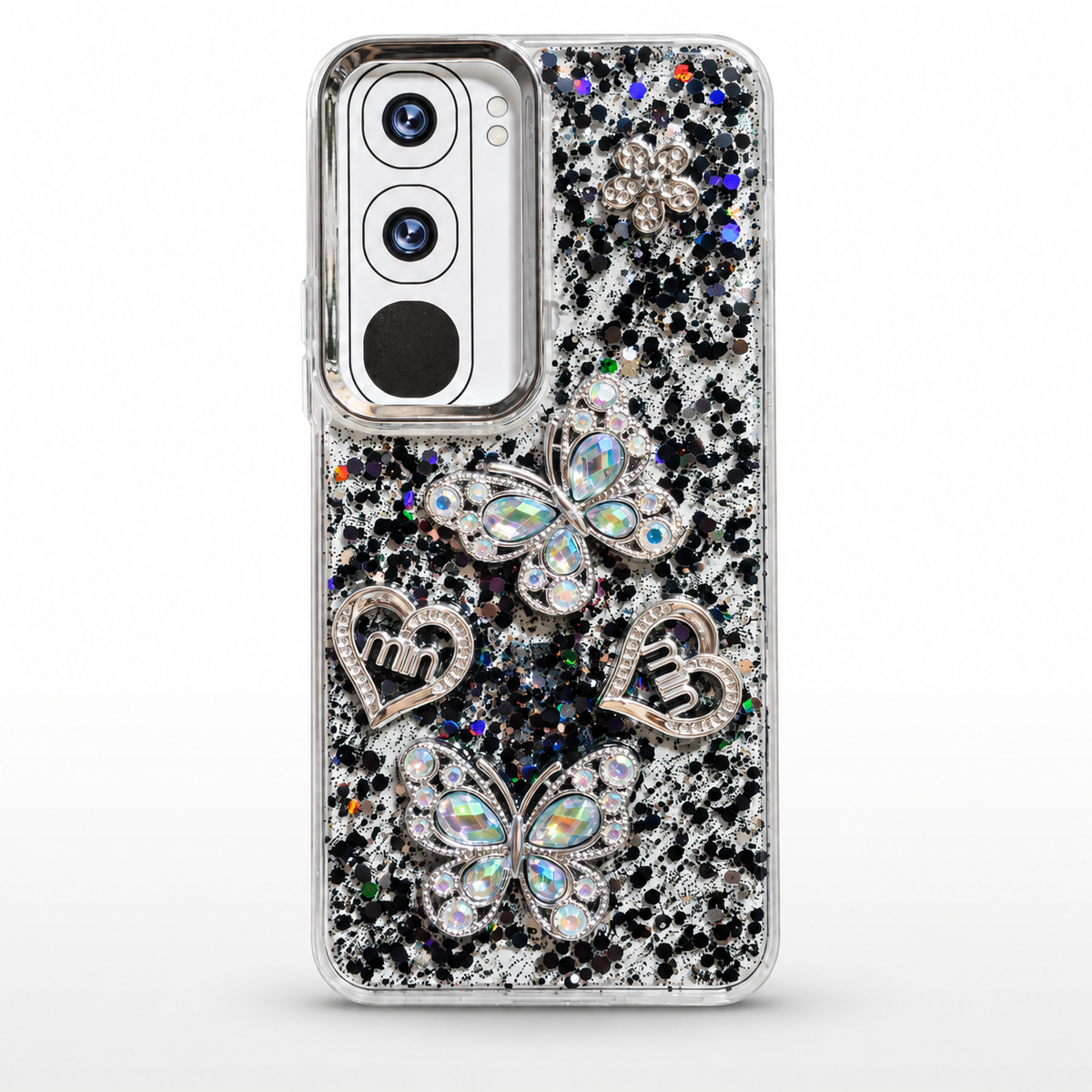 fancy black glitter and 3d butterflies and love heart cover for vivo y21d for girls, tpu material 