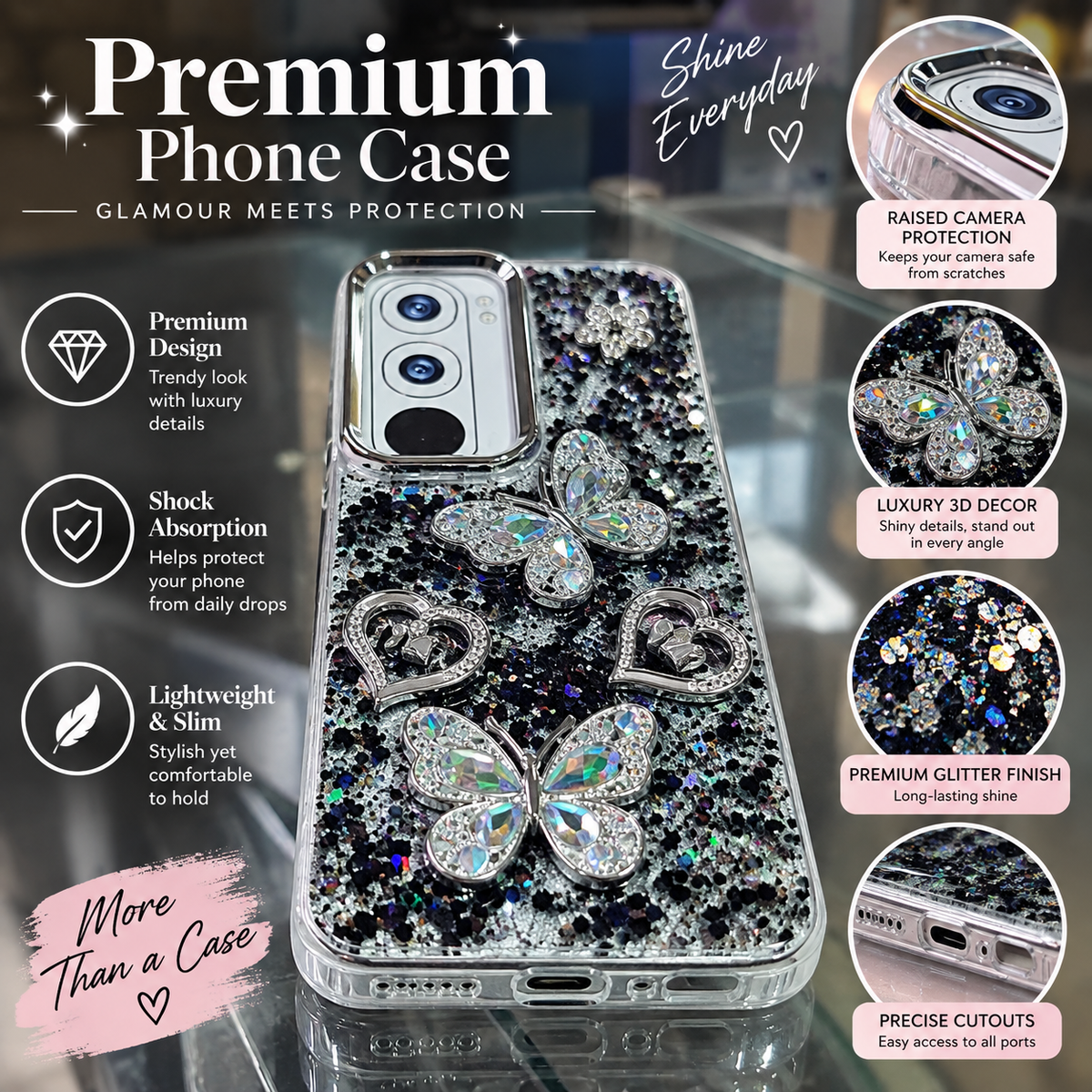 infographic image of vivo y21d cover showing premium case with sparkling glitters and d butterflies and heart with precise fit for vivo y21d