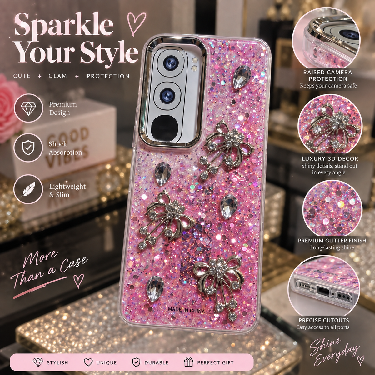 Vivo Y21d pink glitter back cover with rhinestone-style bow charms, faceted stone accents and raised camera surround