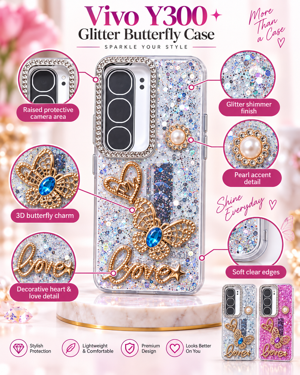 Vivo Y300 glitter butterfly case feature infographic showing raised camera area and decorative details