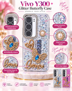 Vivo Y300 glitter butterfly case feature infographic showing raised camera area and decorative details