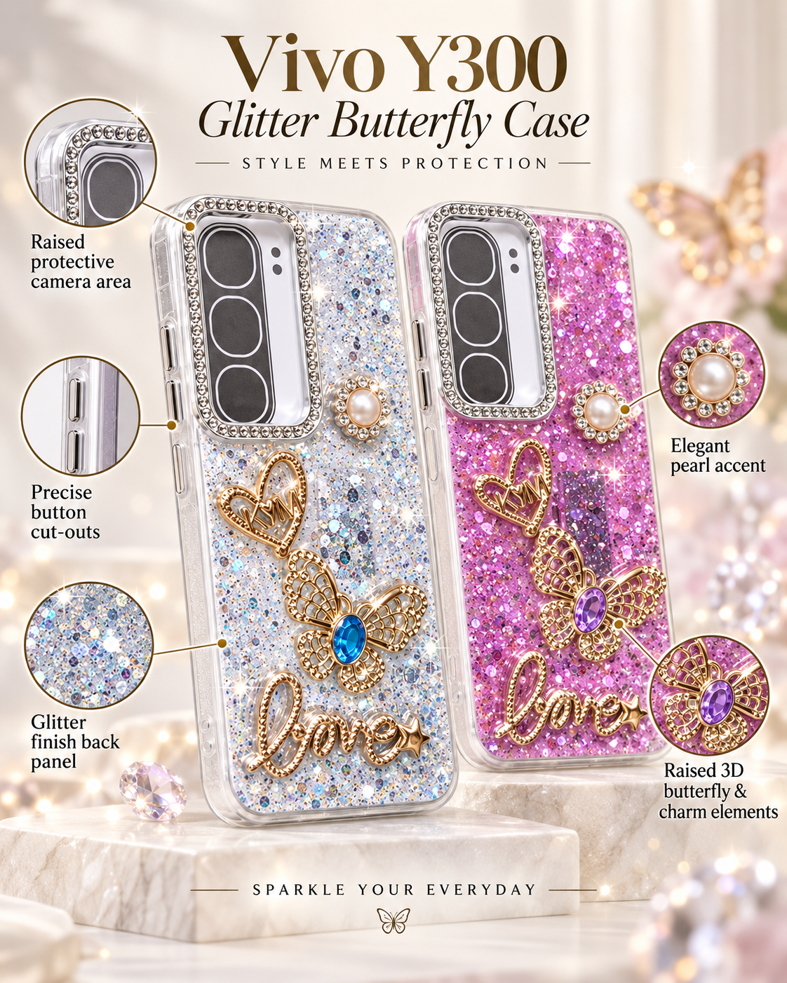 Silver and Pink Vivo Y300 glitter butterfly Love cases shown side by side