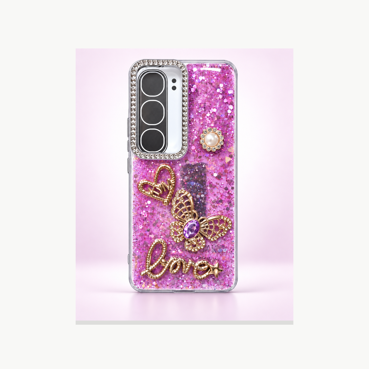Pink Vivo Y300 glitter butterfly Love case with raised camera area and full product visible