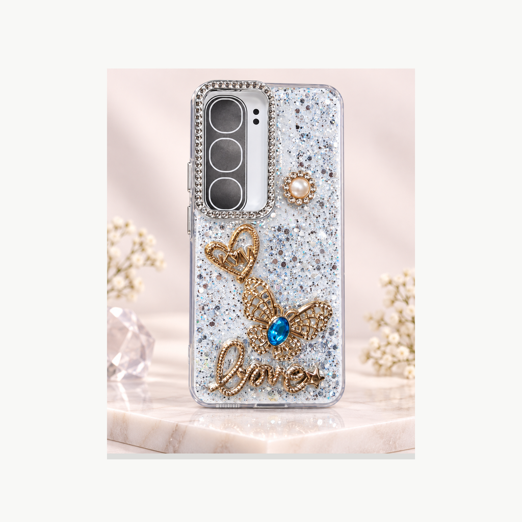 Silver Vivo Y300 glitter butterfly Love case with raised camera area and full product visible