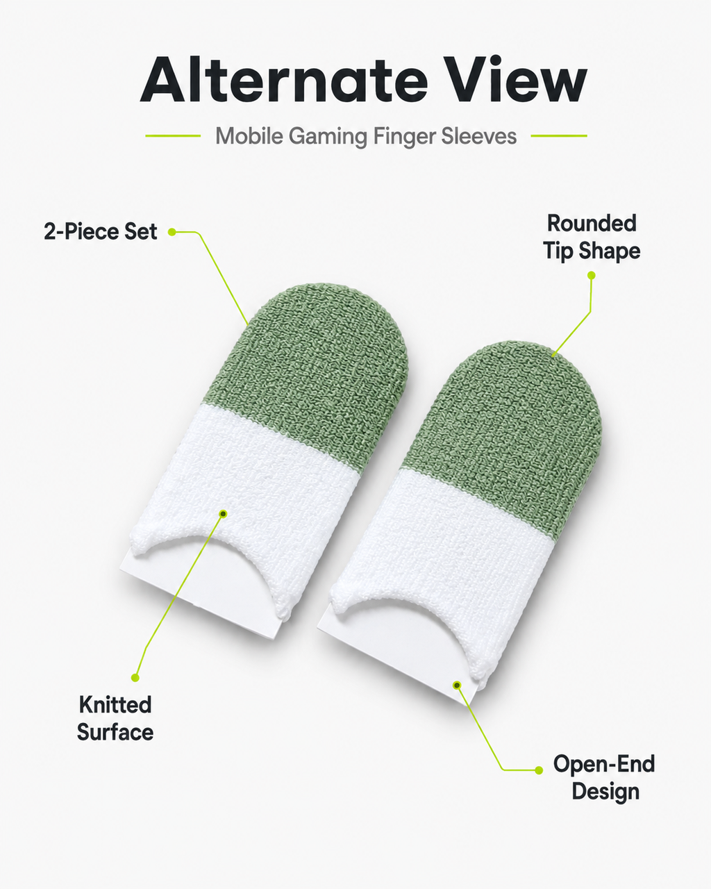 Two mobile gaming finger sleeves shown on a light gray background with callout labels reading 'Alternate View,' '2-Piece Set,' 'Rounded Tip Shape,' 'Knitted Surface,' and 'Open-End Design.' The sleeves are white with a muted sage green knitted upper section.